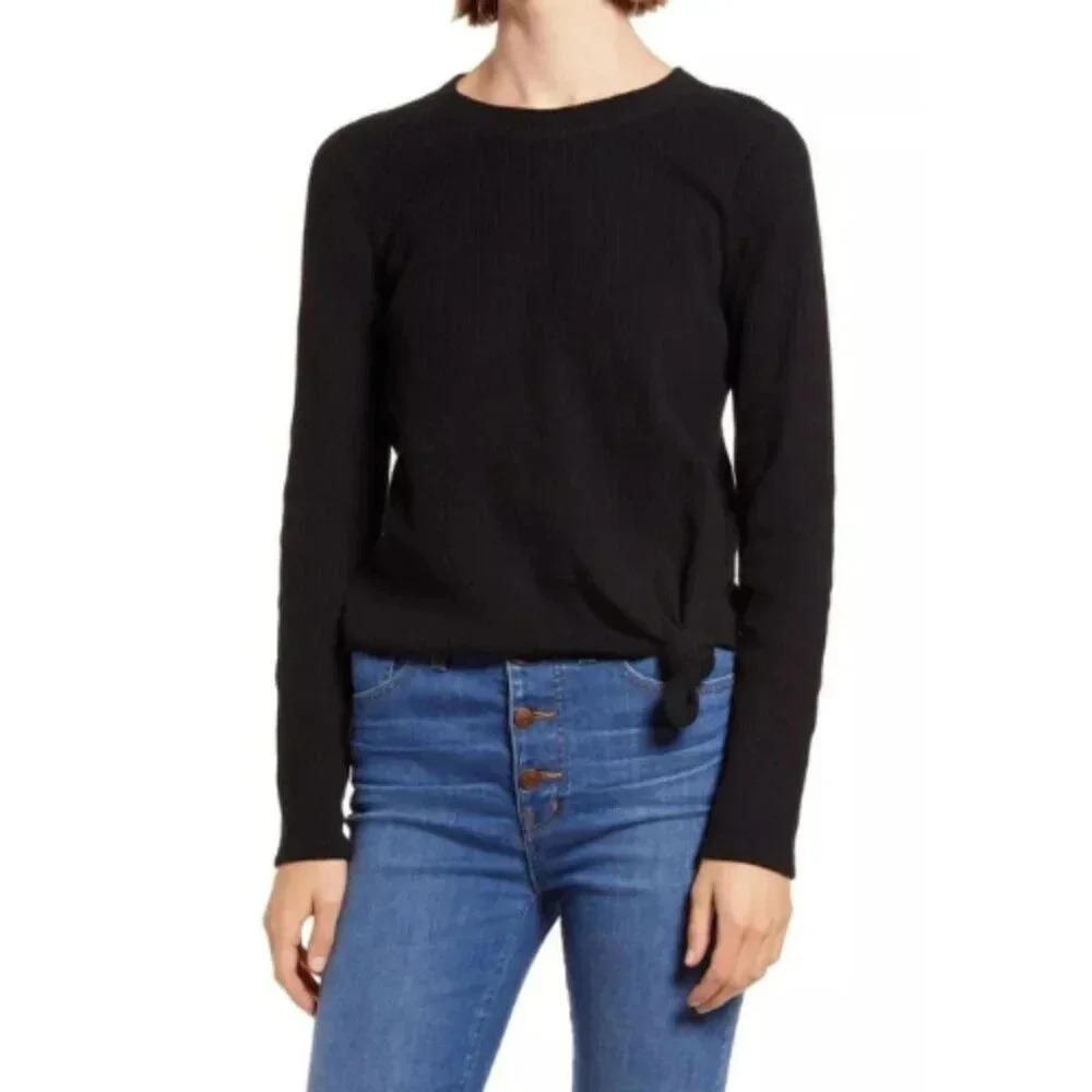 Madewell Womens Large Ribbed Knot Front  Crew Neck Long Sleeve Top